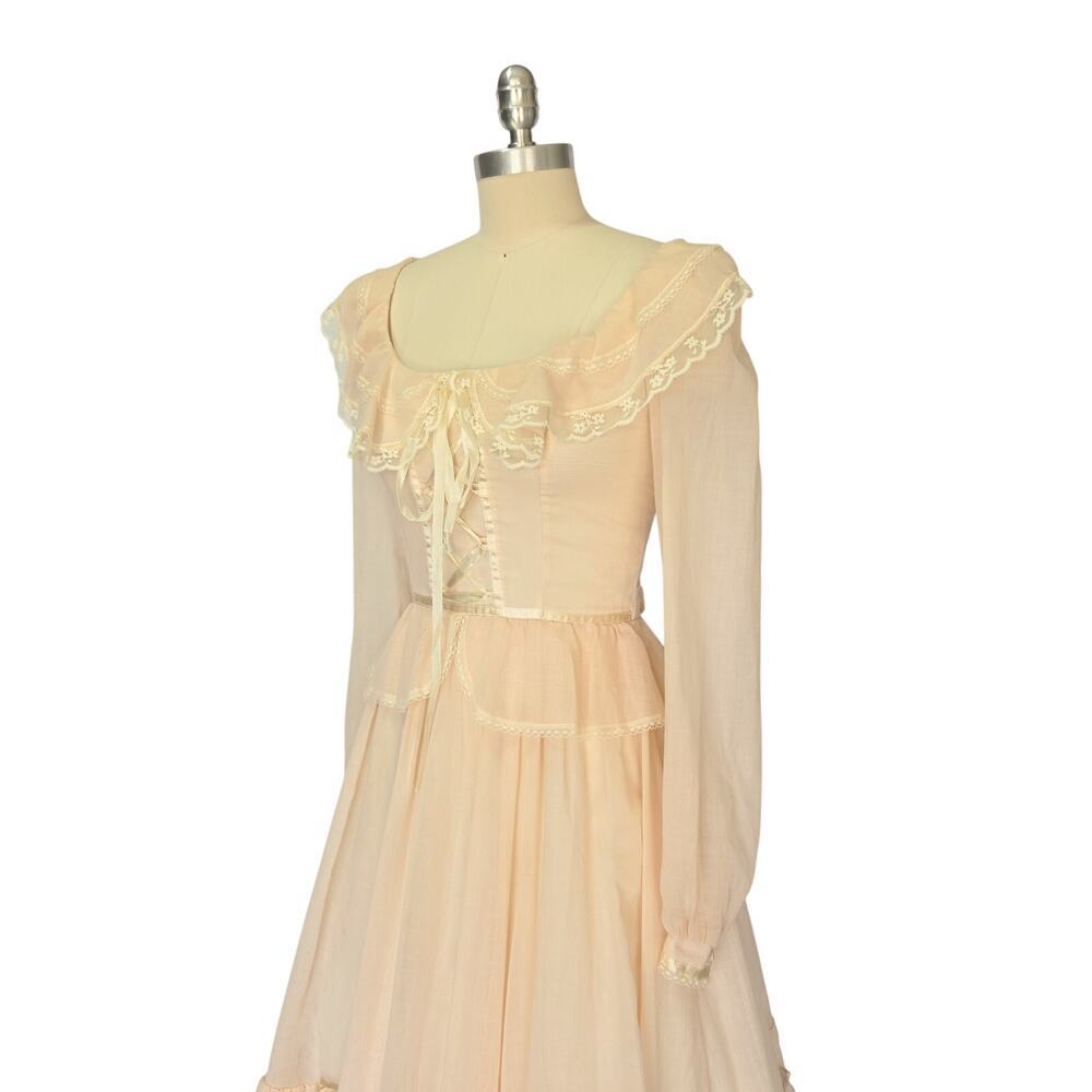 Gunne Sax Peplum Midi Dress Size S 7 9 Pink Corset Vintage 70s Prairie Bridal - Picture 6 of 14